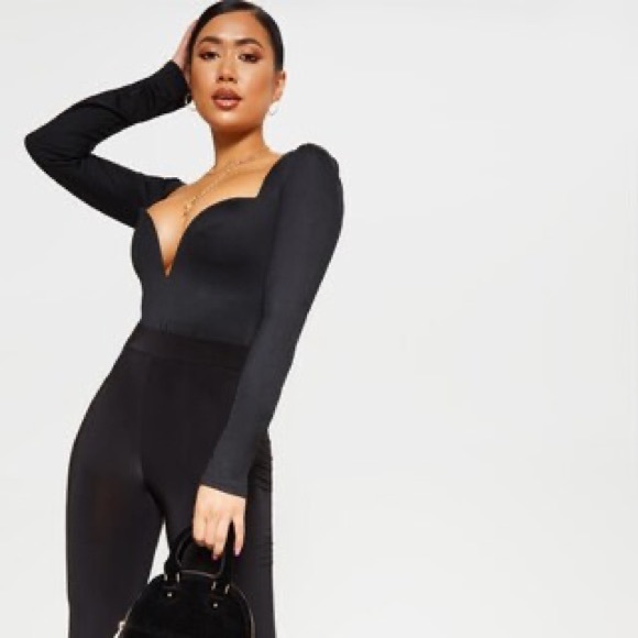 PrettyLittle Thing Petite Black Long Sleeve Plunge Bodysuit, Black, Size 10, NWT - Picture 1 of 9